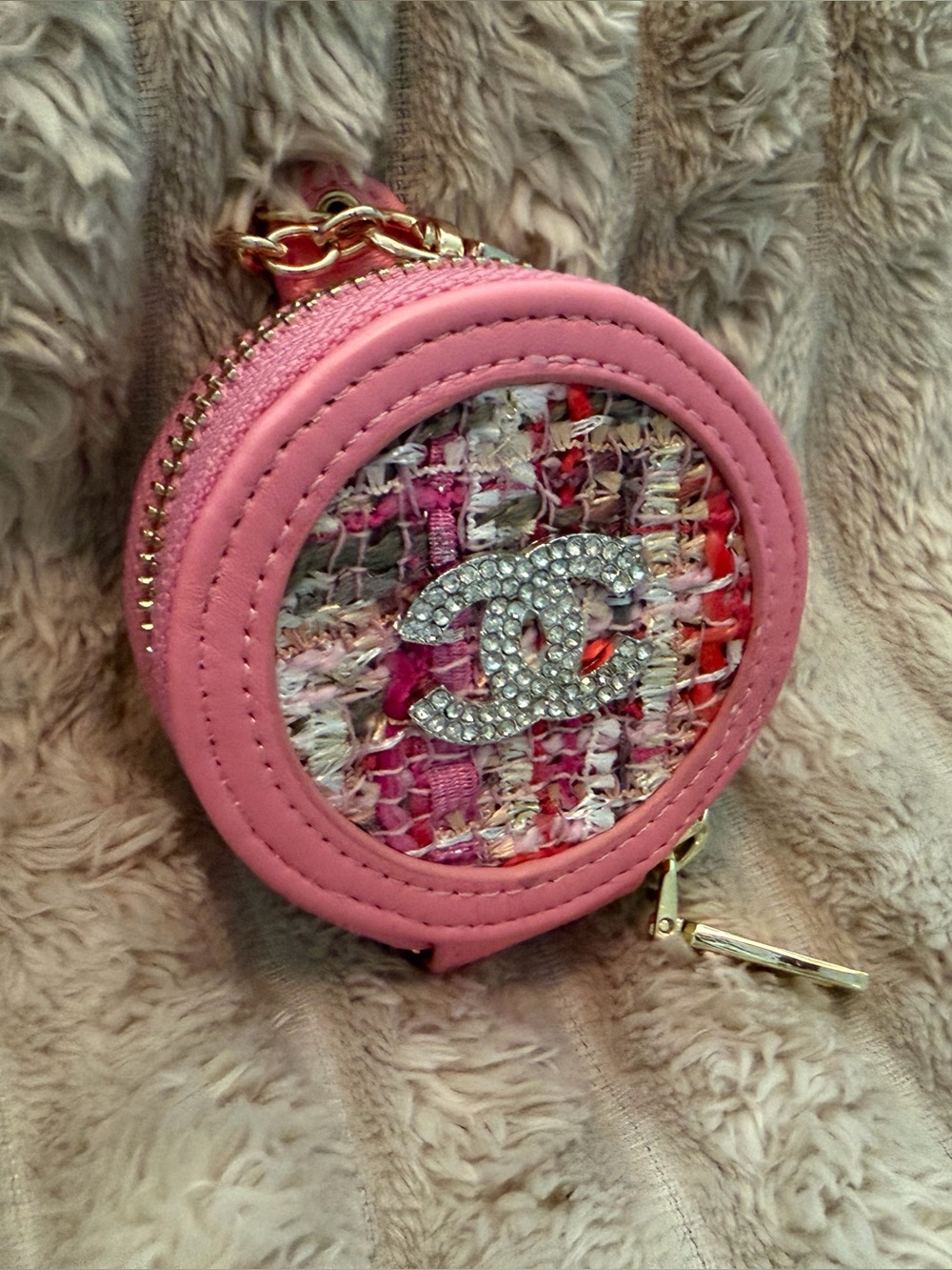 Pink Round Tweed Crossbody Mirrored Mini Bag